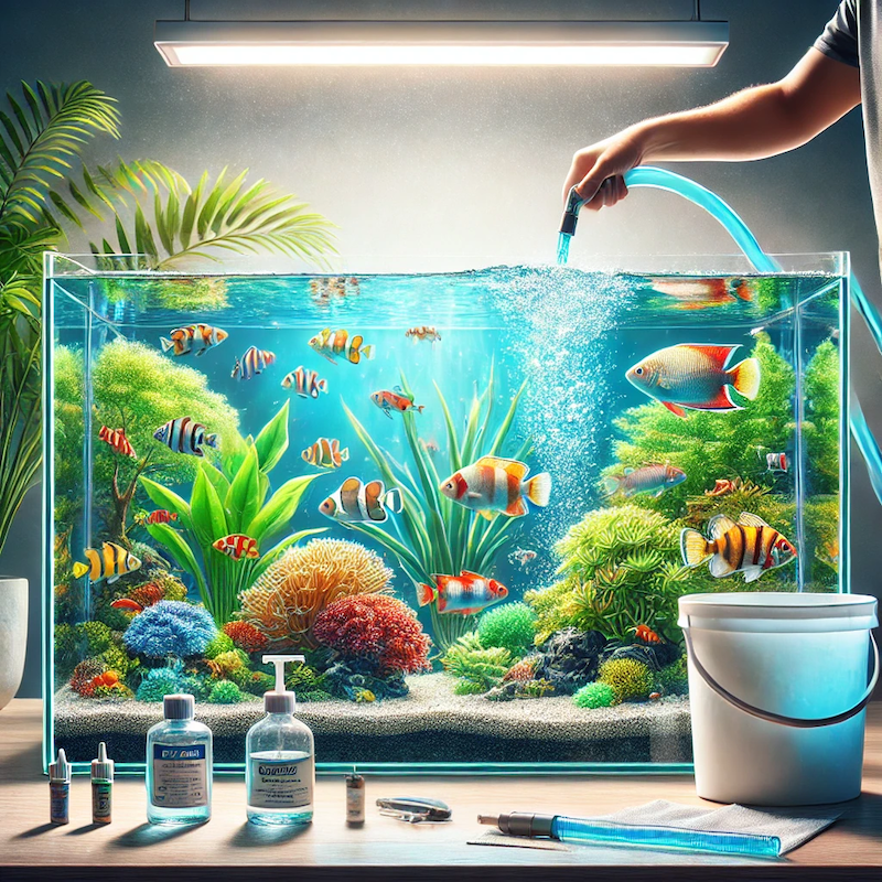 Change the water, image of an aquarium getting it's water changed.